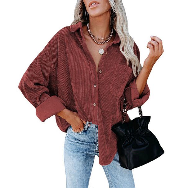 Camicia oversize in velluto a coste da donna - Camicia a maniche lunghe con bottoni, morbida ed elegante, colletto classico, vestibilità comoda_voghion.com
