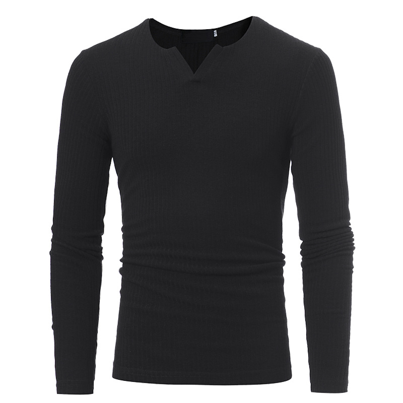 Herren-T-Shirt aus gestricktem, dünnem Streifen mit langen Ärmeln und vertikalem Streifen und V-Ausschnitt_voghion.com