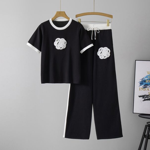 Audday Fashion Women's Knitted Summer Round Neck Camellia Short Sleeve Top Elastic Waist Casual Long Pants Two-Piece Set_voghion.com