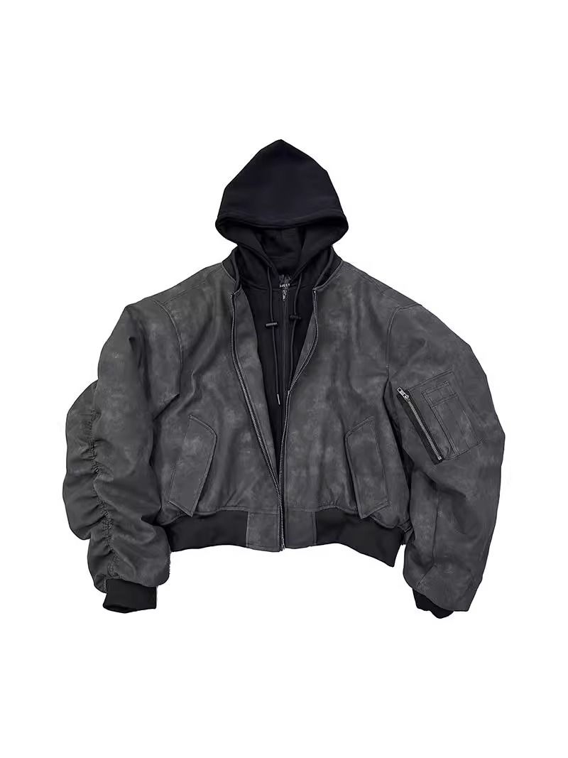 Men's Bomber Jacket With Faux Leather & Cotton Blend, Hooded Casual Coat, Loose Fit Streetwear, Black_voghion.com