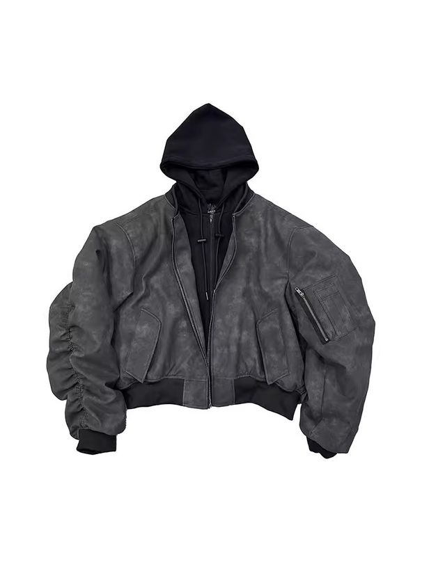 Men's Bomber Jacket With Faux Leather & Cotton Blend, Hooded Casual Coat, Loose Fit Streetwear, Black_voghion.com