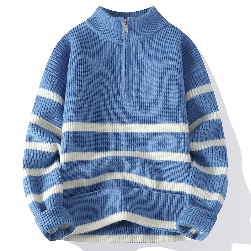 Herenkleding Herfst en Winter Nieuwe Stijl Pullover Halve Rits Jacquard Gestreepte Trui Lange Mouwen Trendy Heren Warme Gebreide Trui_voghion.com