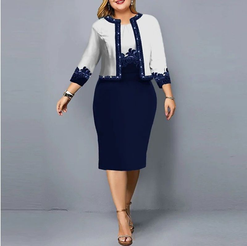 Vrouwen driekwart mouw digitaal bedrukt tweedelig pak plus size dames jurk heup rok pak_voghion.com