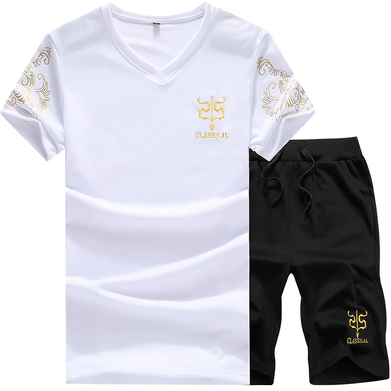 Zomer Heren Eenvoudig Bronzing Afdrukken V-hals All-Match Sportpak Grote Maat Heren Korte T-shirt_voghion.com