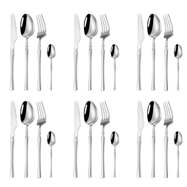 24-teiliges Geschirrset aus Edelstahl, schmales Steakbesteck im Western-Stil, Messer, Gabel, Löffel, vier Hauptteile_voghion.com