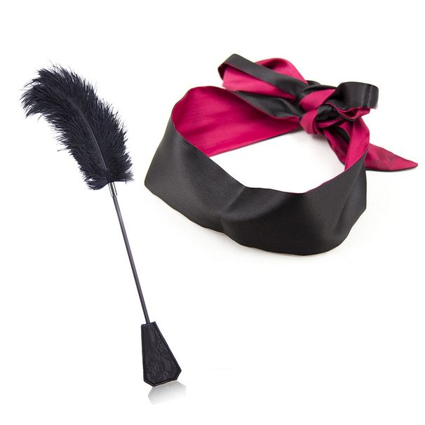 LuvBox Ostrich Feather Wand Foreplay Teasing Satin Strap Blindfold Light Blocking Eye Mask Dual-use Flirting Toy_voghion.com