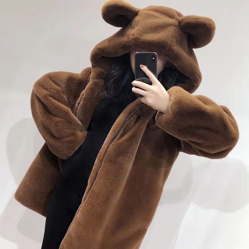 Women's Clothing hooded loose cute bear ears thick fur plush mid length coat_voghion.com