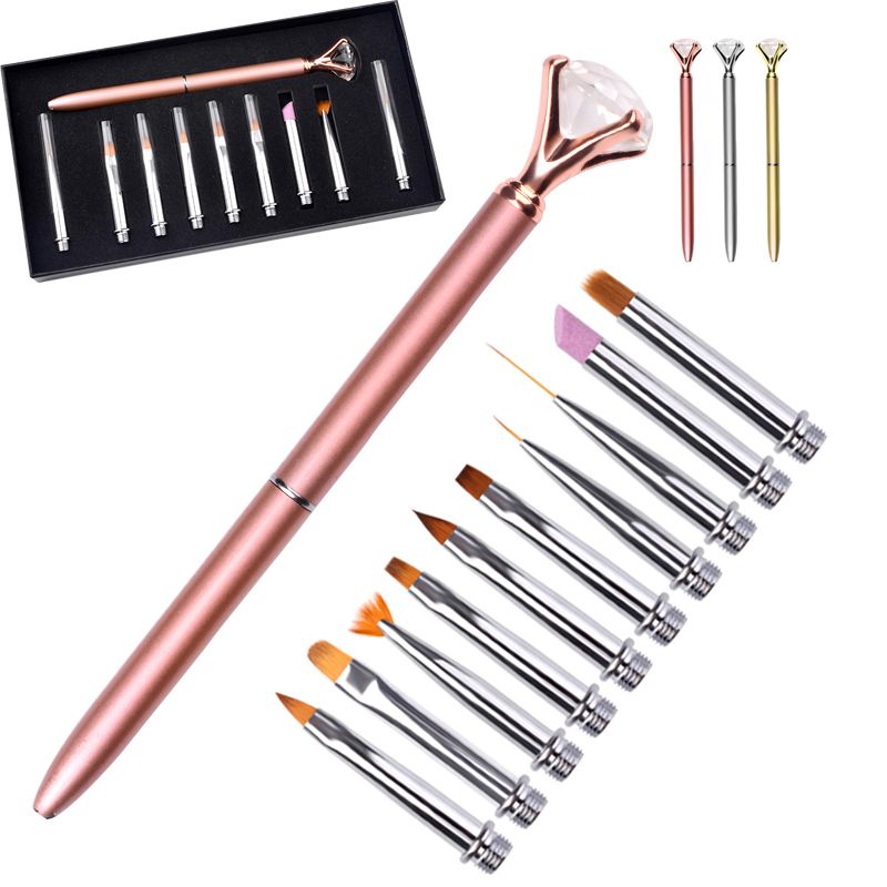 1 Set With 10 Replaced Head Nail Art Brush Metal Crystal Flower Drawing Painting Liner Acrylic Pen Nails Manicure Tool_voghion.com