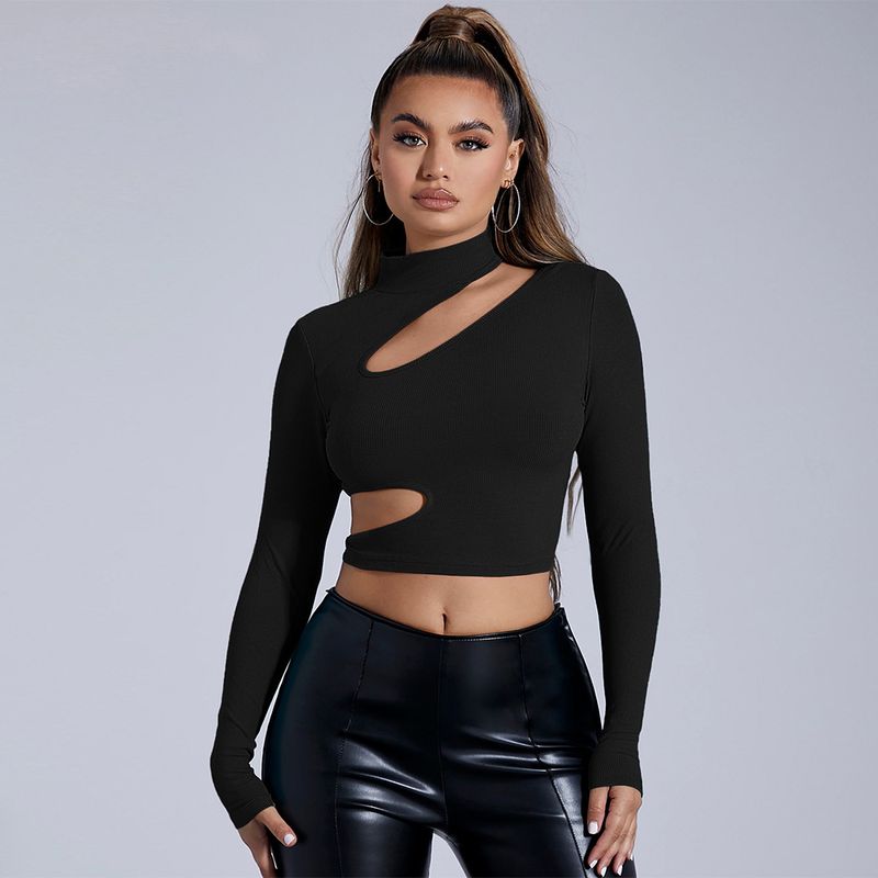 Women's semi-high neck black long sleeve sexy inside T-shirt short tight top_voghion.com