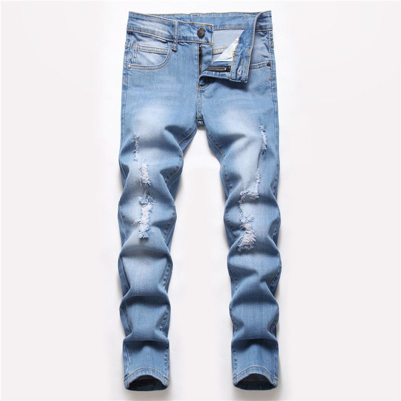 Çocuk Giyim Erkek Giyim Erkek Kot Pantolon Düz Paça Yırtık Pantolon Yıkanmış Streç Kot Pantolon_voghion.com