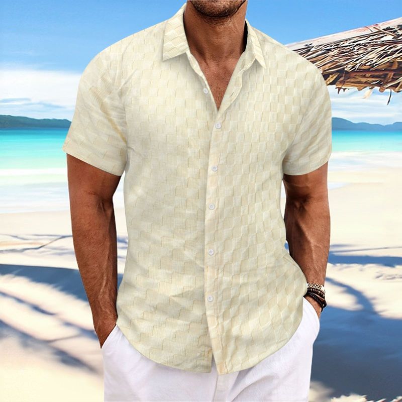 Men's Clothing Plaid Jacquard Casual Loose Short Sleeved Shirt_voghion.com
