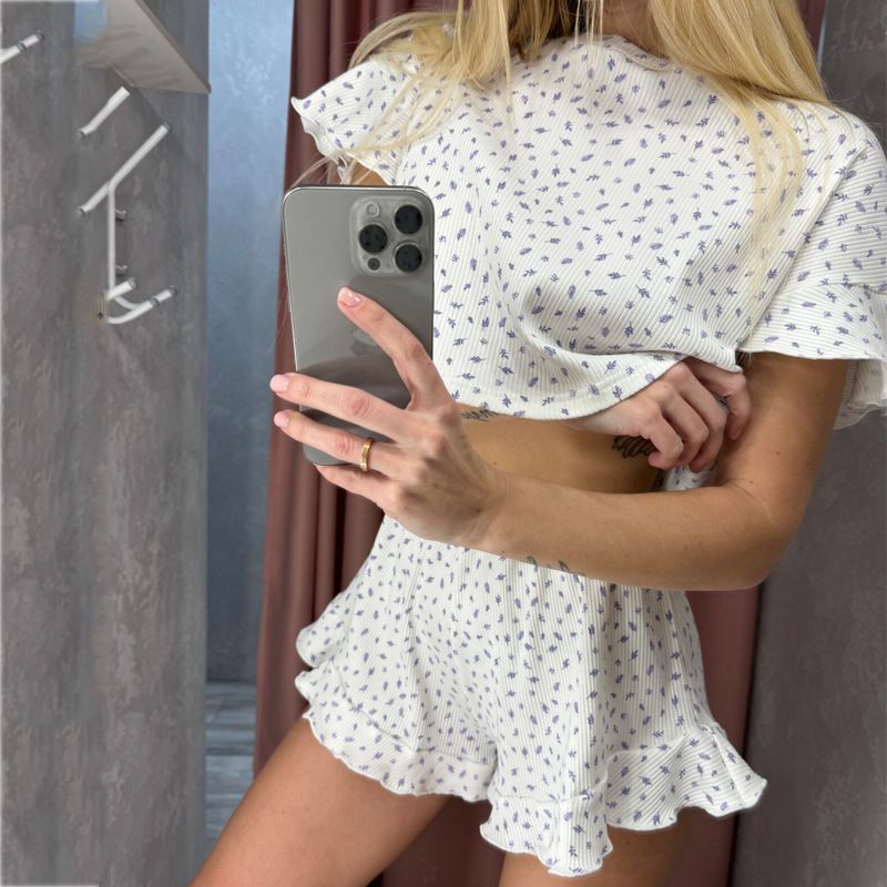 Damenmode Lotus Kurzarm Rundhals Shorts Pyjama Zweiteiliges Set_voghion.com