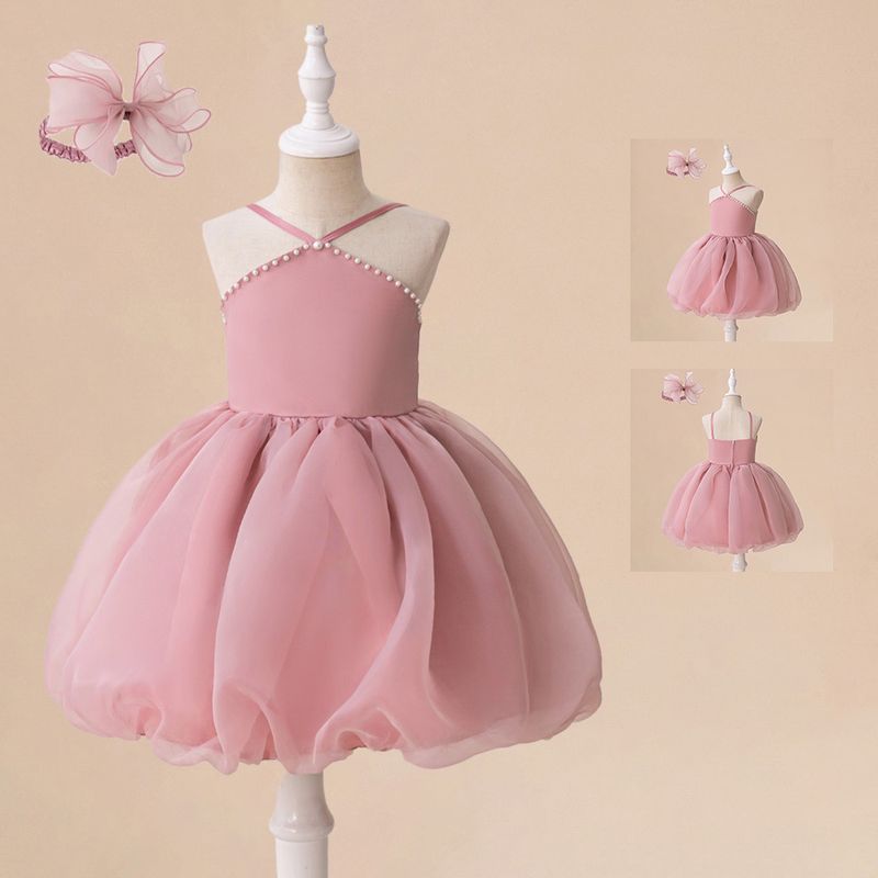 Vêtements pour enfants Nouvelle robe de princesse pour enfants Robe de princesse bouffante perlée sans manches rose Costume de performance de piano pour fille de fleur pour enfants_voghion.com