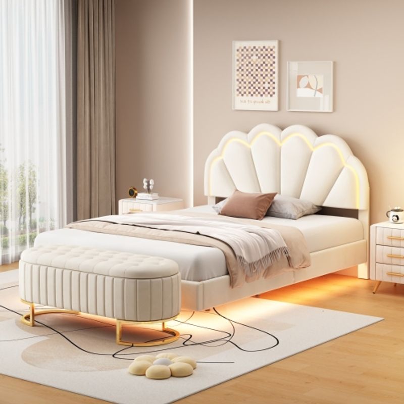 Polsterbett 140 X 200 Cm, Mit Verstaubarer Sofabank, Gepolsterter Schwebender Bettrahmen Mit LED-Beleuchtung Und Einzigartigem Design Des Kopfteils, Doppel-Flachbett-Gästebett, Samtstoff Beige_voghion.com