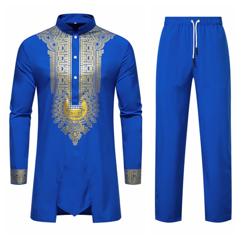Men's Clothing men's shirt suit stand collar hot stamping printed long sleeved shirt trousers style casual shirt for men_voghion.com