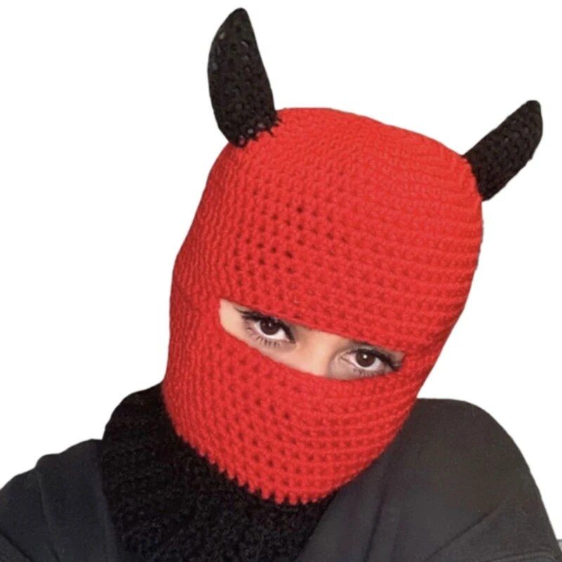 Bonnet tricoté à cornes amusantes pour Halloween, bonnet chaud et intégral, masque de ski, cagoule coupe-vent pour sports de plein air_voghion.com