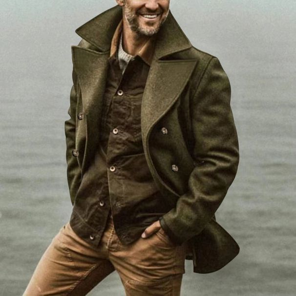 2024 Autumn/Winter Composite Men's Coat Mid length Double breasted Button Fit Flip Collar Windbreaker_voghion.com