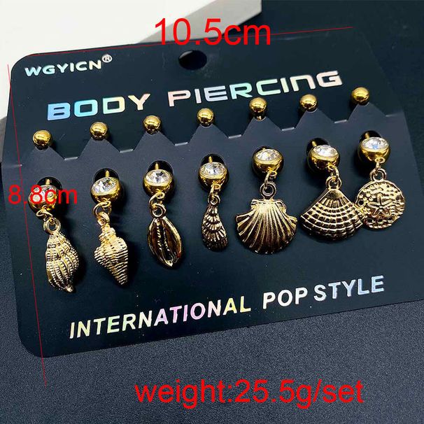 7 Stück/Karte Edelstahl Perlenanhänger Ringe Seestern Muschel Bauchnabelpiercing Schmuck_voghion.com