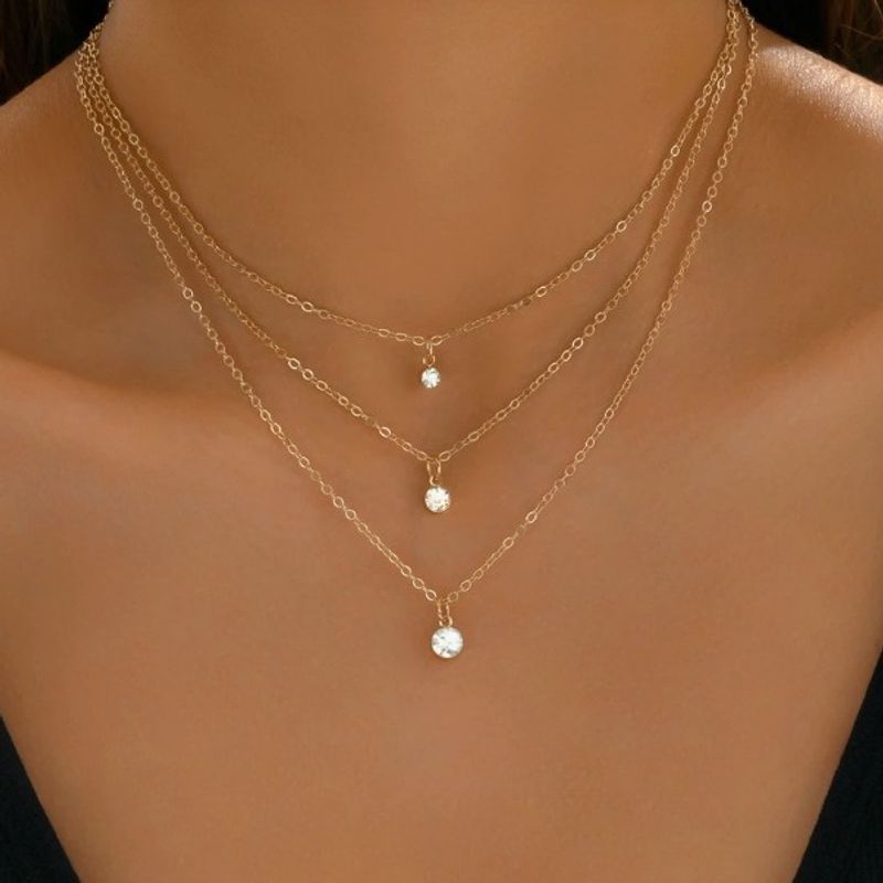 Heißer Verkauf Drei-Schicht Runde Strass Anhänger Halskette Für Frauen Einfache Mode Multi-Schicht Halsband Schlüsselbein Kette_voghion.com
