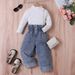 Abbigliamento per bambini e bambine, tinta unita, a maniche lunghe, con collo alto, pantaloni in denim arricciati, set da due pezzi_voghion.com