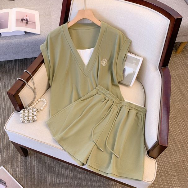 Moteriški drabužiai laisvalaikio viršutiniai drabužiai ir šortai, dviejų dalių kostiumai, dideli dydžiai, stori MM, laisvi, liekninantys, mėsą dengiantys sportiniai kostiumai moterims_voghion.com