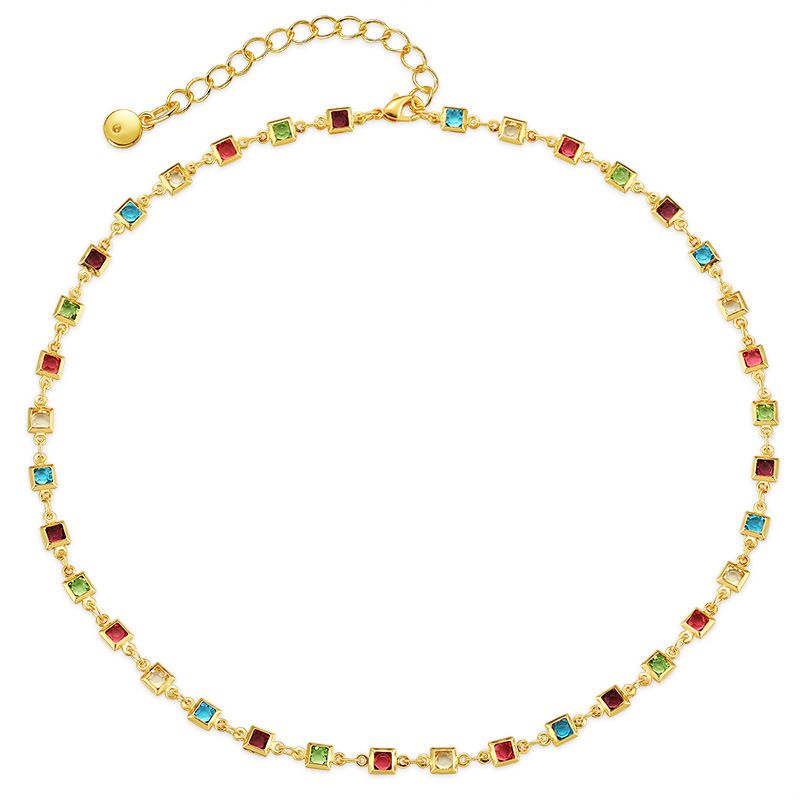 Vierkante gekleurde zirkoon creatieve ketting niche ontwerp veelzijdige handgemaakte kralen K echte gouden ketting_voghion.com