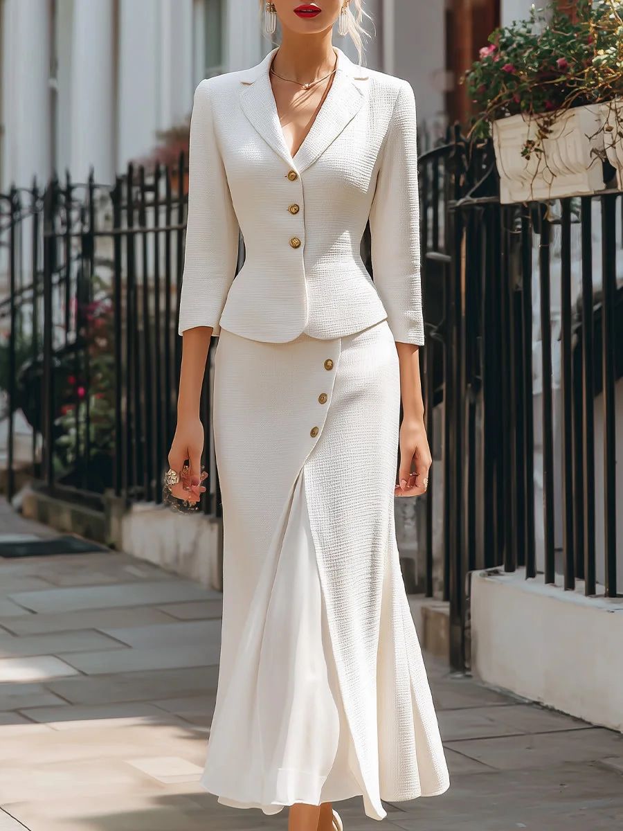 Dameskleding Elegante dames herfst/winter effen kleur enkelrijs blazer en split rok set met knoopdetail_voghion.com
