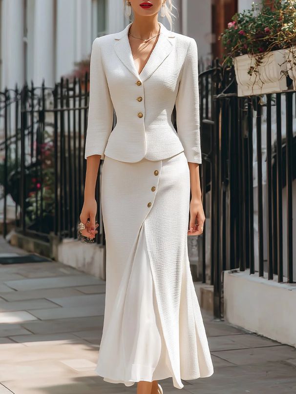 Dameskleding Elegante dames herfst/winter effen kleur enkelrijs blazer en split rok set met knoopdetail_voghion.com