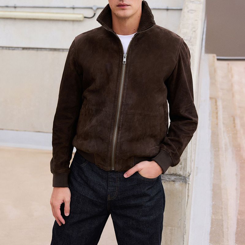 Men's Casual Suede & Shearling Trim Jacket - Slim Fit Winter Coat With Vintage Style For Urban Fashion_voghion.com
