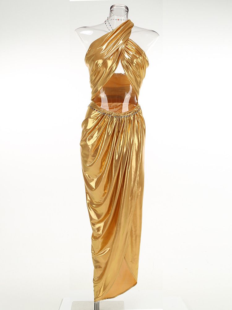 Női ruházat új stílusú arany szexi pántnélküli nyakpántos felső rakott, szabálytalan szoknya kétrészes láncos öltönyszoknya_voghion.com