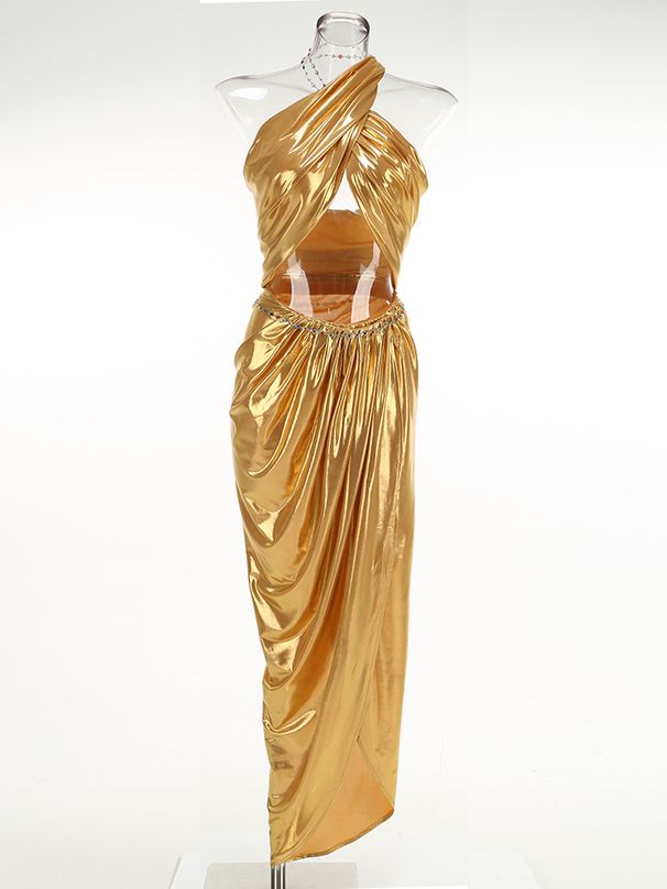 Női ruházat új stílusú arany szexi pántnélküli nyakpántos felső rakott, szabálytalan szoknya kétrészes láncos öltönyszoknya_voghion.com