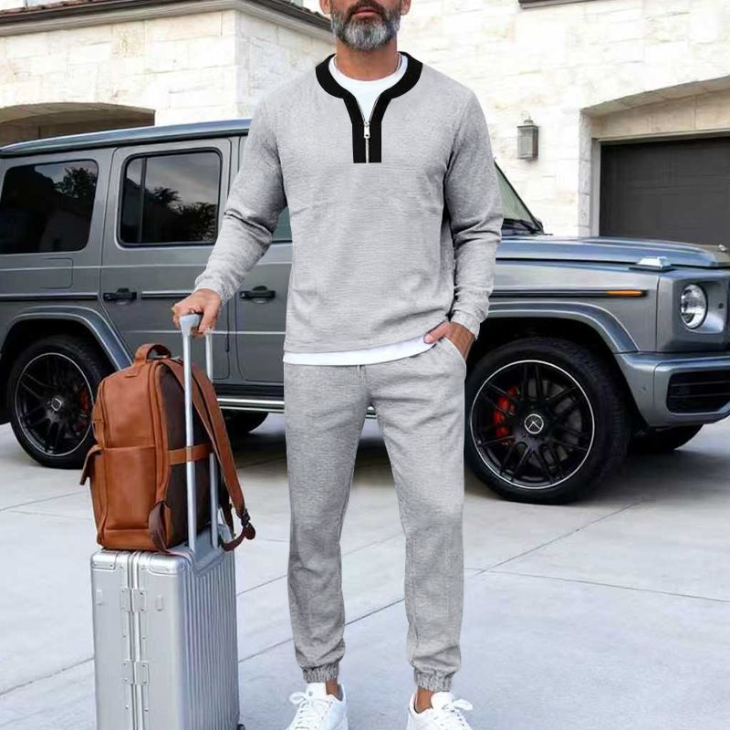 Herren-Retro-Polohemd und -Hose aus Waffelstrick – Locker geschnittener Henley-Loungewear-Anzug mit langen Ärmeln, lässiges Zweiteiler-Outfit in 5 Farben_voghion.com