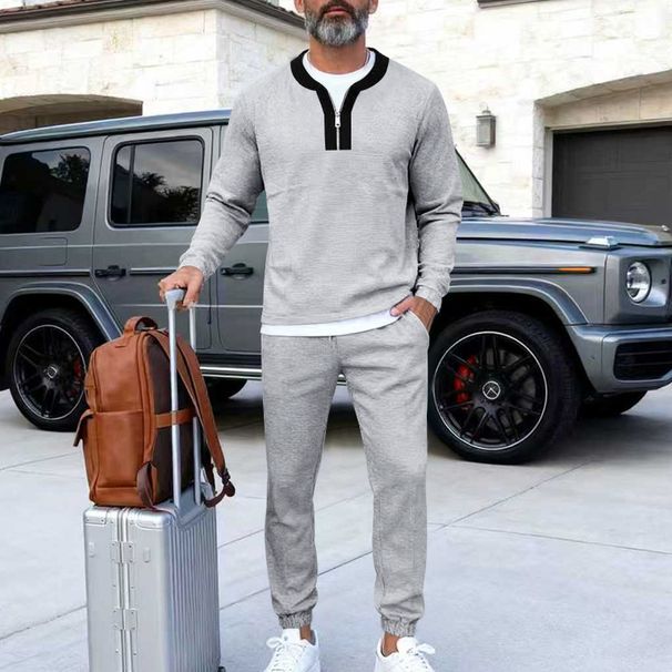 Herren-Retro-Polohemd und -Hose aus Waffelstrick – Locker geschnittener Henley-Loungewear-Anzug mit langen Ärmeln, lässiges Zweiteiler-Outfit in 5 Farben_voghion.com