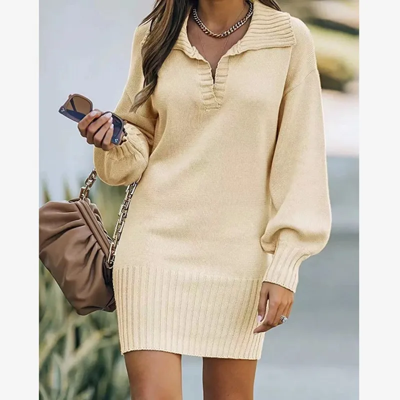 Women's Clothing mid length sweater dress lapel lantern sleeve knitted solid color long skirt_voghion.com