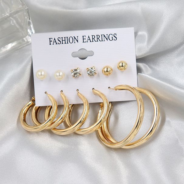 Cross-Border Hot Selling European And American Metal C-Shaped Large Hoop Simple Rhinestone Pearl Stud Women's Set_voghion.com