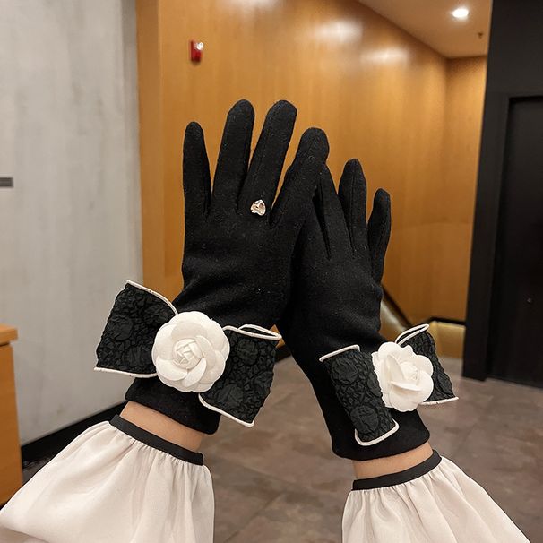 Gants élégants en cachemire épais, sans doigts, chauds et compatibles avec les écrans tactiles, ornés d'un nœud papillon camélia, style mondain, pour femmes_voghion.com