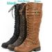 Leather boots round head belt buckle Flat boots Women's new autumn and winter rivet lace-up high knight boots_voghion.com