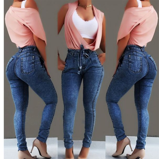 Damenbekleidung Jeans Slim Stretch Quaste Gürtel High Waist Jeans_voghion.com