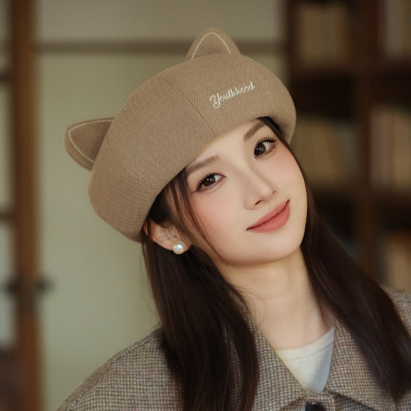 ute Cat Ear For Women, New Autumn And Winter Versatile, Face-Slimming, Vintage Octagonal Hat, Playful Beret_voghion.com