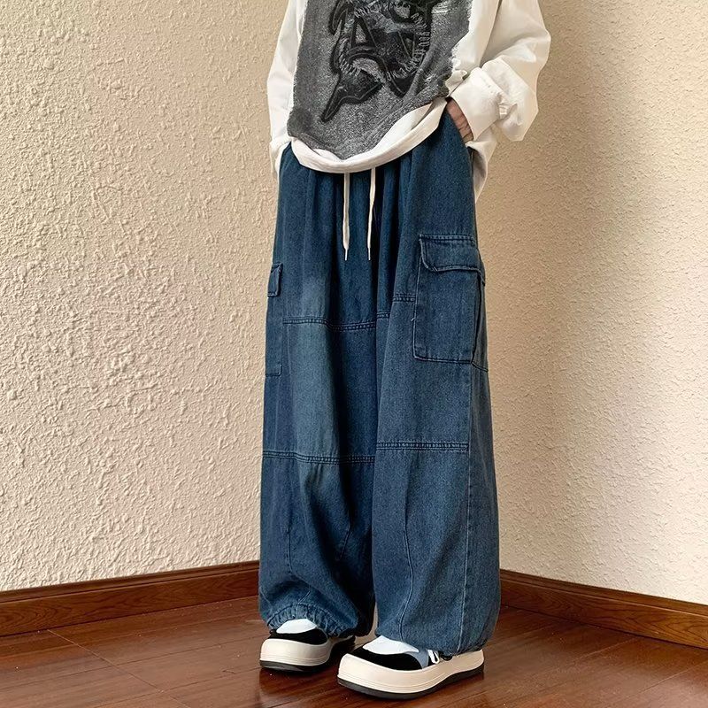 Vêtements pour hommes Salopette à jambes larges et grandes poches Printemps et été pour hommes Nouvelle marque tendance Ins Jeans droits amples neutres_voghion.com