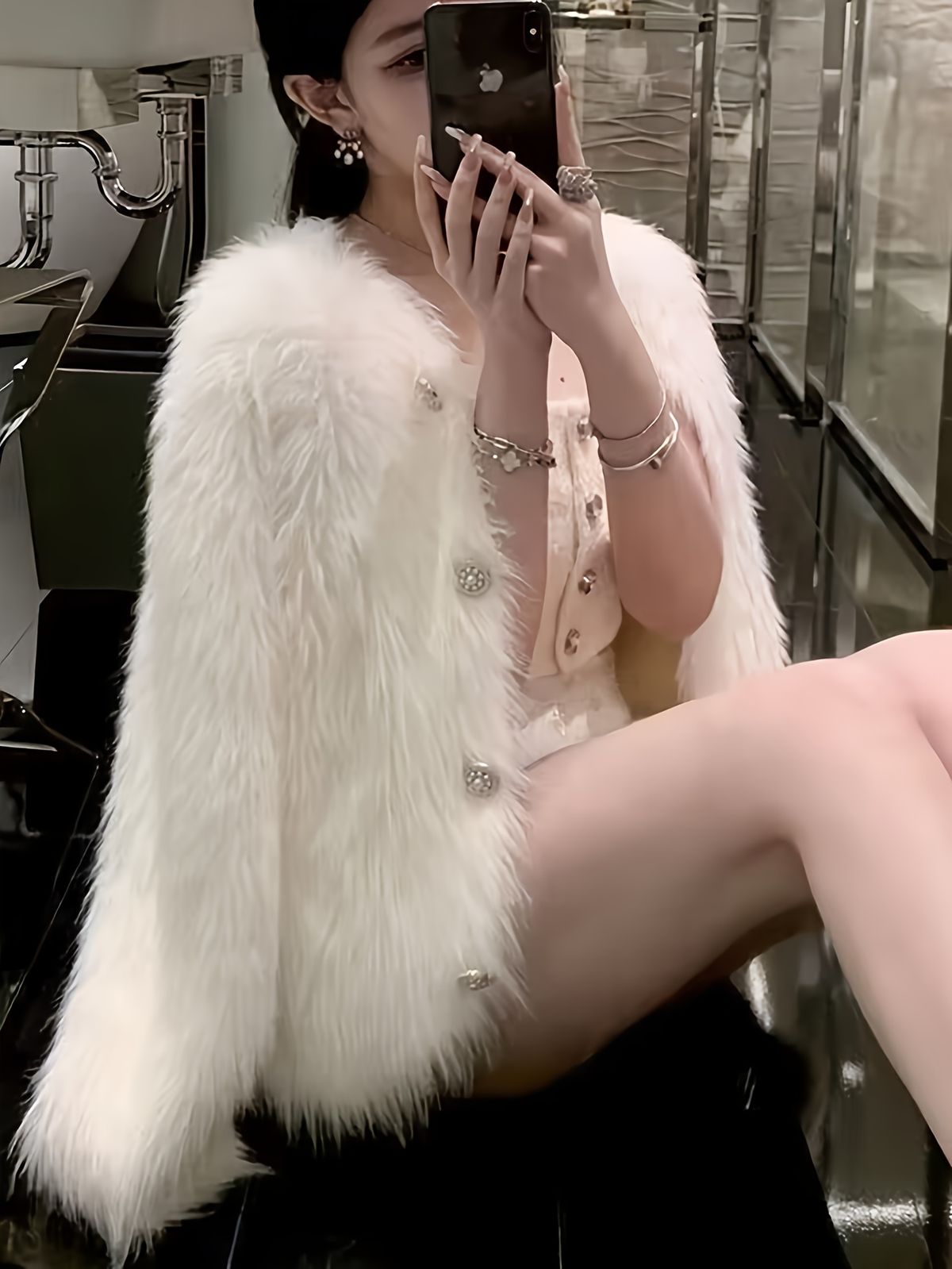 Women's Elegant Plush White Fur-Lined Long Sleeve Button Front Coat - Solid Color Warmth, Regular Length Fall Outerwear,_voghion.com