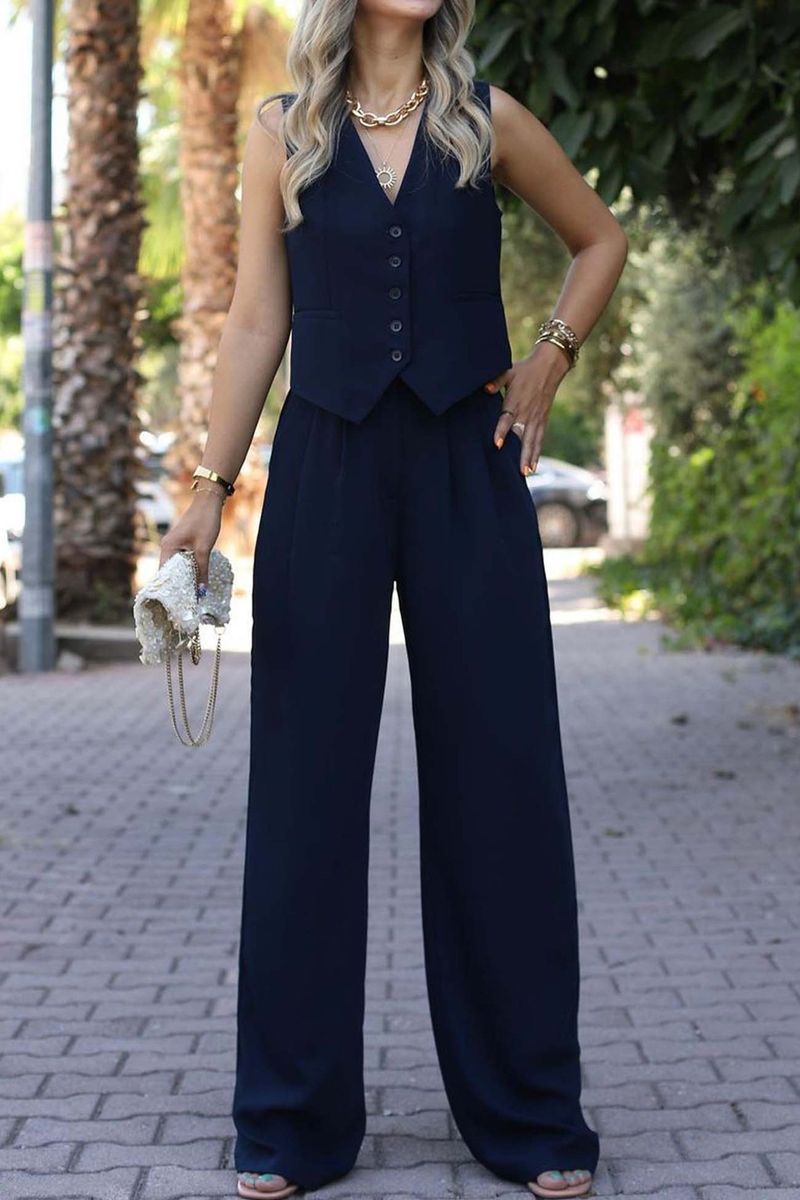 Women's 2024 Spring New V-Neck Sleeveless Vest with Hanging Wide Leg Pants Casual Set_voghion.com