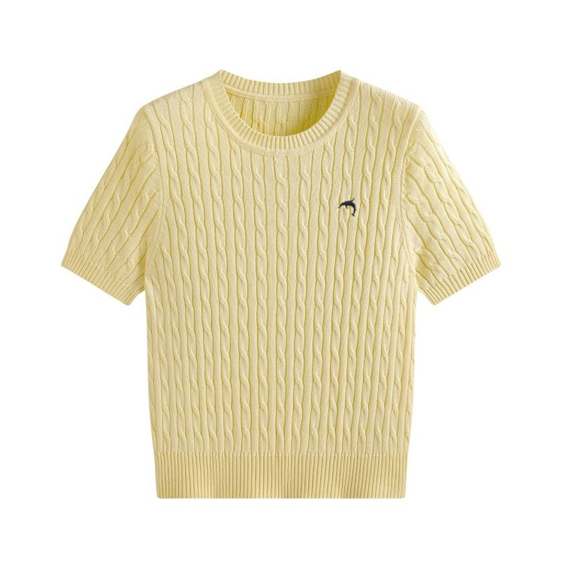Damenbekleidung Rundhalsausschnitt Twist Kurzarm Strickpullover Slim Fit Top_voghion.com