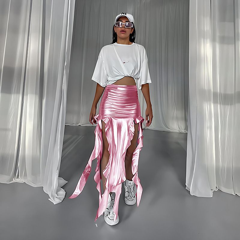 Frauen Kleidung heißer stil band quaste reflektierende PU fischschwanz rock leicht elastische unregelmäßigen rock halb länge rock modische rock_voghion.com