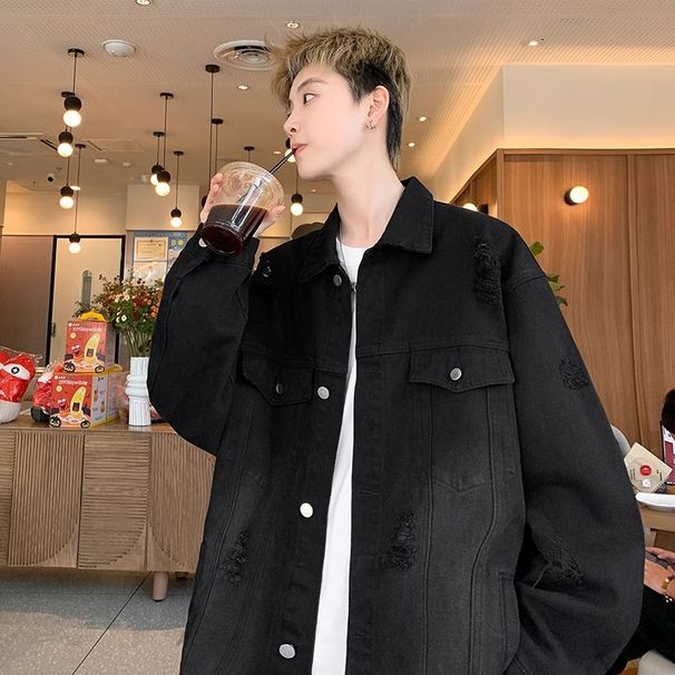 Herrenbekleidung High-End-Jeansjacke für Herren Frühling und Herbst Hübsche Washed Hole Jacke_voghion.com