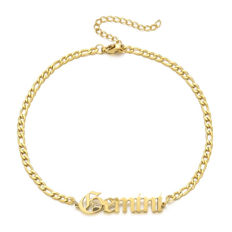 Cavigliera in acciaio inossidabile color oro vero con alfabeto inglese e zodiaco, gioielli per il piede da donna, set di accessori semplici e versatili_voghion.com