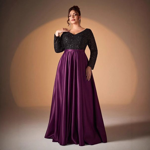 Elegante abito da sera in raso nero con paillettes, scollo a V e maniche lunghe per donna, perfetto per feste, serate di gala e occasioni speciali._voghion.com