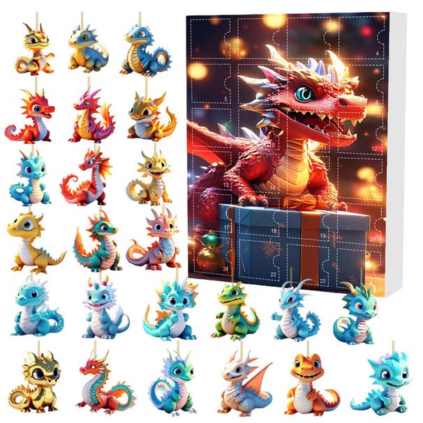Weihnachts-Überraschungsbox mit 24 niedlichen Drachenbaby-Acryl-Ornamenten für festliche Dekoration_voghion.com
