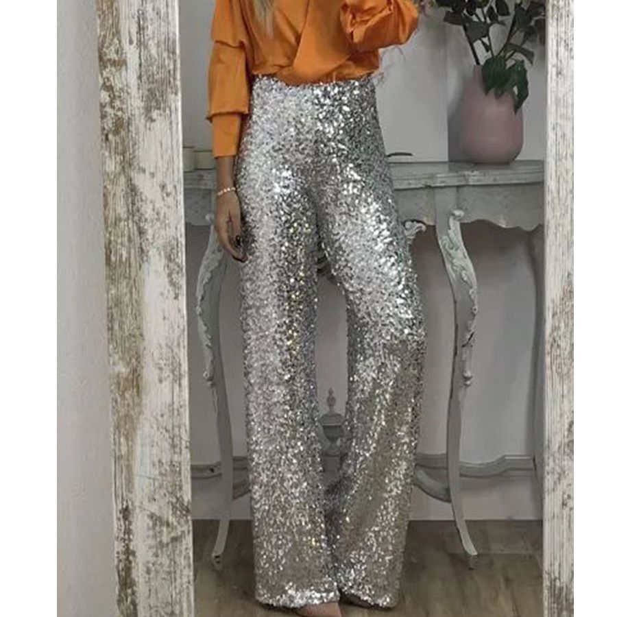 Women's spring and summer new party sequined bell-bottom pants INS casual slim elastic multi-color bell-bottom pants_voghion.com