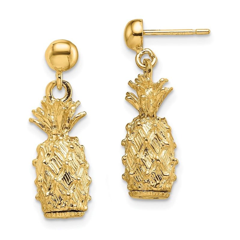 14K 3-D Pineapple Dangle Post Earrings_voghion.com